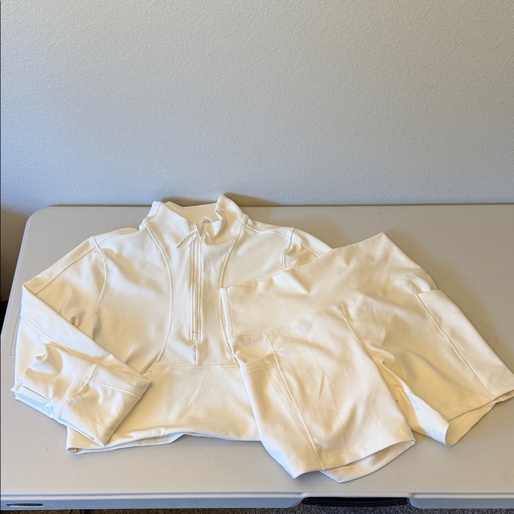 Women's Pullover Zip up & High-Waisted Cream Bike Shorts set